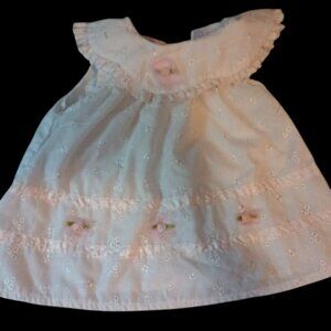 Vintage 1980's White Eyelet Baby Dress with Pink Accents